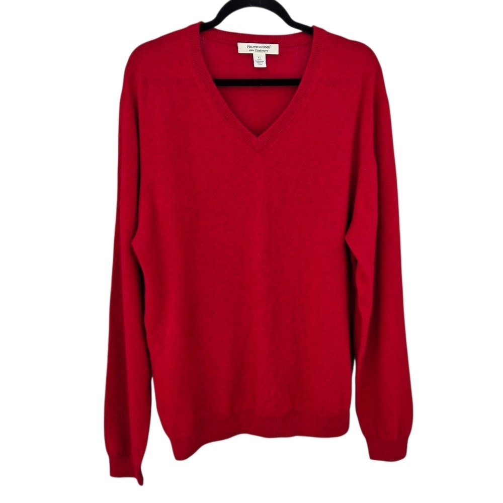 Pronto Uomo Red Cashmere V-neck Pullover Long Sleeve Sweater Men Size X-Large